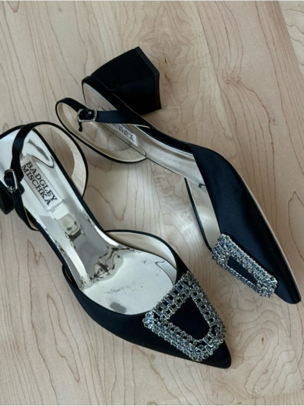 Badgley Mischka Black Satin Crystal Buckle Slingback Heels